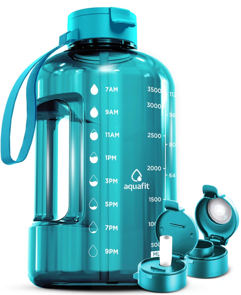 AQUAFIT 1 Gallon Water Bottle with Time Marker - Straw & Chug Lid - BPA Free Gym Water Bottle with Straw - Big Gallon Jug (Aqua, 128 oz - 2 Lids) - Image 1